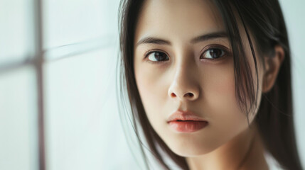 Naklejka premium A close-up of a young woman with a serene expression, gazing thoughtfully out of a softly lit window.