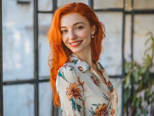 Photo portrait of a woman standing in front a window, creative business woman, studio light