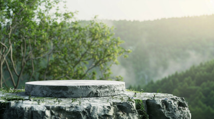 A stone platform in a lush green forest overlooking misty hills, conveying a timeless and enchanting atmosphere steeped in natural beauty.