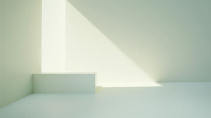 A minimalist scene featuring a soft, ethereal light casting geometric shadows on a pristine white surface, suggesting simplicity and calm through refined elegance.