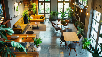 A chic, urban cafe filled with lush green plants, cozy seating areas, and natural light pouring in from large windows.