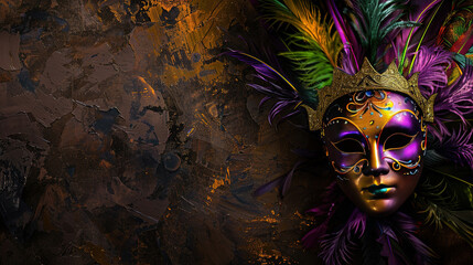 Mardi Gras carnival mask with green, purple and gold colors. Mardi Gras carnival background with a decorative mask. Mardi Gras carnival mask with colorful feathers on dark background. Copy space area
