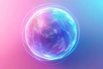 Abstract globe with glowing lines on a pink and blue background. Digital art of circle or geometric shape