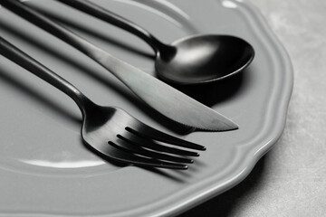 Stylish cutlery and plate on grey table, closeup