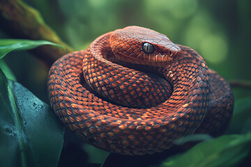 An image of a snake coiled elegantly, showcasing its sleek scales and distinctive pattern. The scene captures the snake in a natural setting, emphasizing its graceful movement and keen focus. This ima