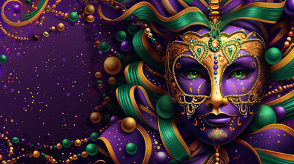 Mardi Gras carnival mask with green, purple and gold colors. Mardi Gras carnival background with a decorative mask. Mardi Gras carnival mask with colorful feathers on dark background. Copy space area