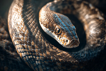 Obraz premium An image of a snake coiled elegantly, showcasing its sleek scales and distinctive pattern. The scene captures the snake in a natural setting, emphasizing its graceful movement and keen focus. This ima