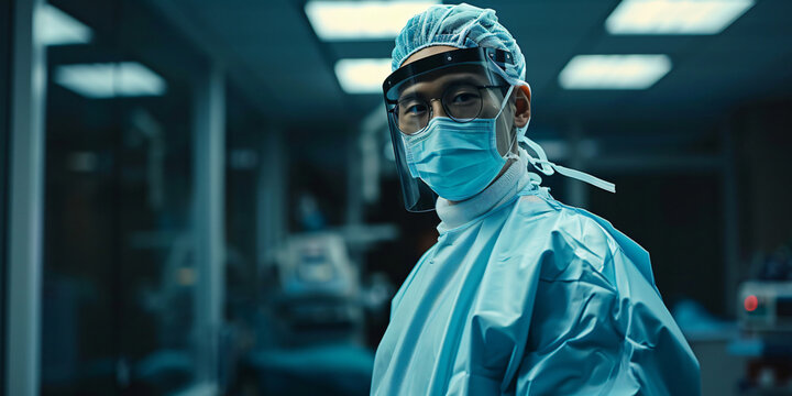 A portrait of a surgeon in a hospital operating room, wearing scrubs, a face mask, and face shield, looking determined and focused.. asian man - Powered by Adobe