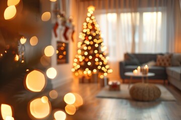 Beautiful blurred interior of a living room decorated for Christmas in warm cozy brown tones. Christmas tree