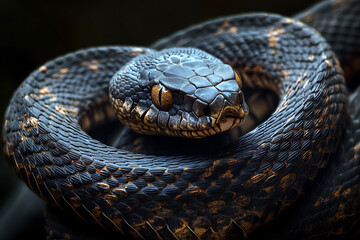 Obraz premium An image of a snake coiled elegantly, showcasing its sleek scales and distinctive pattern. The scene captures the snake in a natural setting, emphasizing its graceful movement and keen focus. This ima