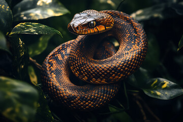 Obraz premium An image of a snake coiled elegantly, showcasing its sleek scales and distinctive pattern. The scene captures the snake in a natural setting, emphasizing its graceful movement and keen focus. This ima