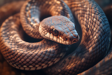 An image of a snake coiled elegantly, showcasing its sleek scales and distinctive pattern. The scene captures the snake in a natural setting, emphasizing its graceful movement and keen focus. This ima