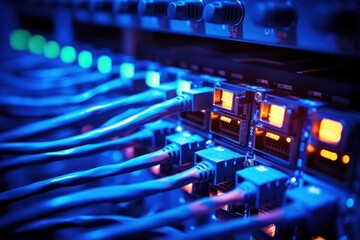 Naklejka premium Blue cables plugged into a server computer light electricity.