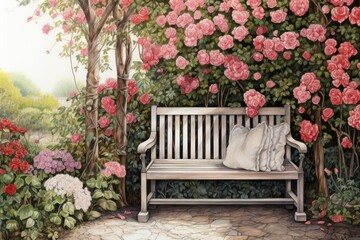 Bench in the middle of a garden furniture outdoors flower.