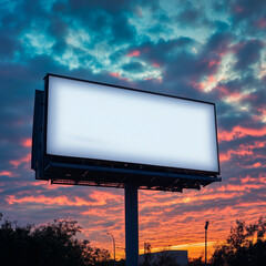 The image depicts a large billboard canvas mounted on a tall stand, set against a picturesque sunset