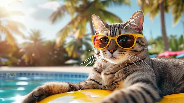 Cool cat in sunglasses lounging the pool palm trees