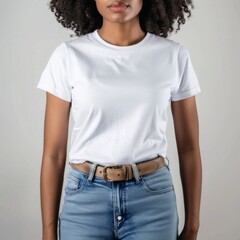 Obraz premium TShirt Mockup Colored TShirt on a Beautiful Woman Wearing Jeans with Arms at Her Sides Against a Plain White Background