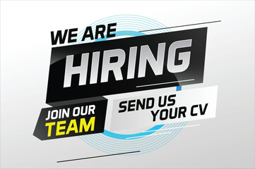 Fototapeta premium Hiring recruitment design for banner poster. We are hiring lettering with geometric shapes lines. Vector illustration typographic. Open vacancy design template