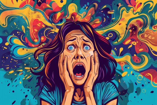Cartoon panic attack - stressed colorful character woman