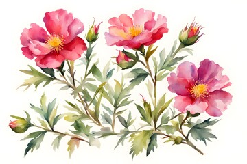 Watercolor rock rose flowers white background, AI Generated