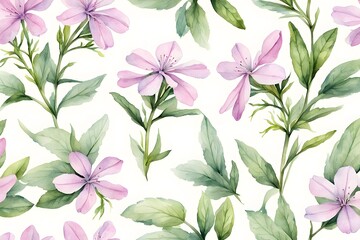 Watercolor rock soapwort flowers white background, Ai Generated