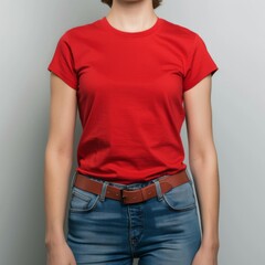 Obraz premium TShirt Mockup Colored TShirt on a Beautiful Woman Wearing Jeans with Arms at Her Sides Against a Plain White Background