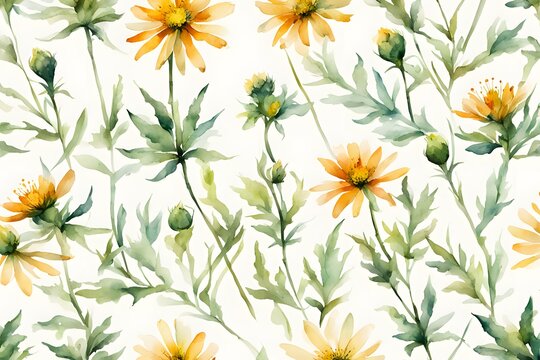 Watercolor rosinweed flowers white background, Ai Generated