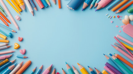 Fototapeta premium Colorful assorted school and art supplies on a light blue background, arranged in a circular border design with empty space in the center.