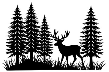 Silhouette of a deer with pine trees and forest scenery on white background, Deer silhouette, vector illustration	
