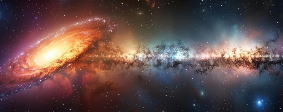 Design an aweinspiring galaxy scene with spacetime continuum and expansion, side view, emphasizing universal development, Scifi tone, colored pastel, copy space for text,