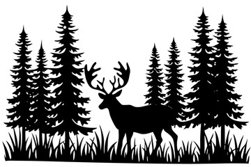 Silhouette of a deer with pine trees and forest scenery on white background, Deer silhouette, vector illustration	
