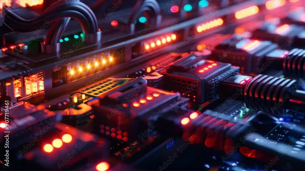 Poster close-up of a network server with glowing status lights and cables