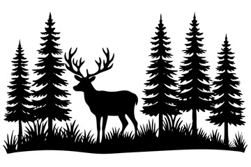 Silhouette of a deer with pine trees and forest scenery on white background, Deer silhouette, vector illustration	

