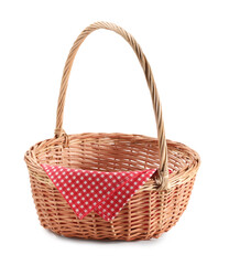 Obraz premium One picnic wicker basket with checkered napkin isolated on white