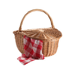 One picnic wicker basket with checkered napkin isolated on white