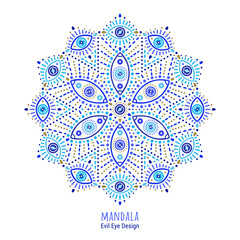 Blue mandala of Turkish evil eye symbols. Ethnic style greek protection from the spoilage signs with golden details background. EPS 10 vector circle print