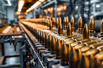 Fototapeta premium 155mm artillery shells in a factory assembly line, highlighting industrial machinery and manufacturing process