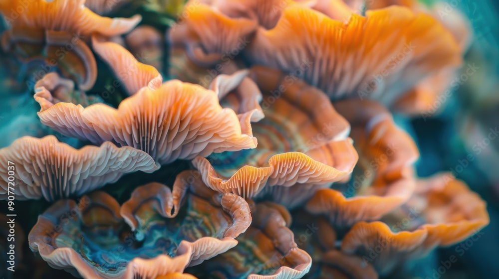 Poster close up of a cluster of orange mushrooms growing on a tree trunk, creating a beautiful natural patt