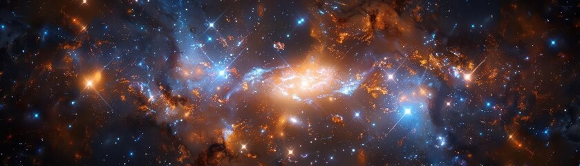 Produce a radiant galaxy with dark matter intricacies and celestial formations, top view, visualizing the universes secrets, cybernetic tone, vivid, copy space for text,