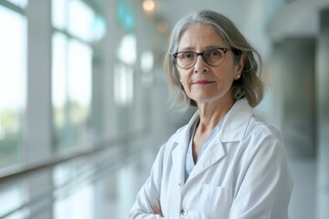 Fototapeta premium Confident Senior Female Doctor in Hospital. A confident senior female doctor with glasses and a lab coat