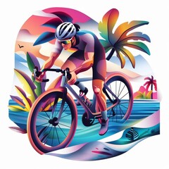 Fototapeta premium Colorful illustration of a cyclist riding a bike on a tropical path with palm trees and a vibrant sunset in the background.
