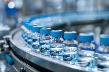 Obraz premium Conveyor with the glass jars, modern pharmaceutical factory. Closeup of ampules