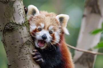 Obraz premium cute baby red panda very happy and playful in the tree