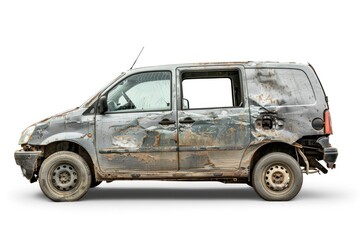 Damaged car mini van isolated on white background. Crashed car after accident. Insurance, repair car service