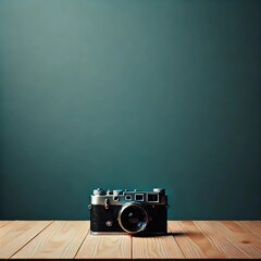 Vintage Camera on Wooden Table Against Dark Background