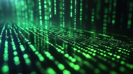 Green matrix code on a dark screen, representing technology.