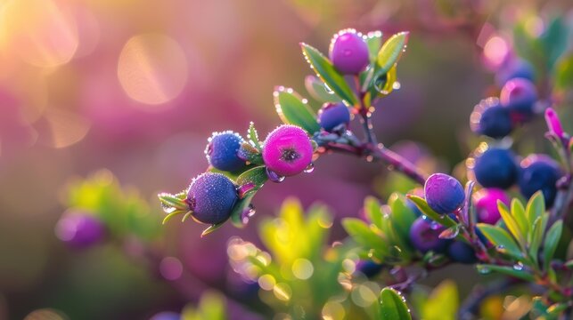 Vibrant berries on a myrtle sarcococca confusa branch, shimmering with morning dew in the spring sunlight - close-up shot