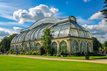 A glasshouse of The National Botanic Gardens in Dublin, Ireland in a sunny day with blue sky.