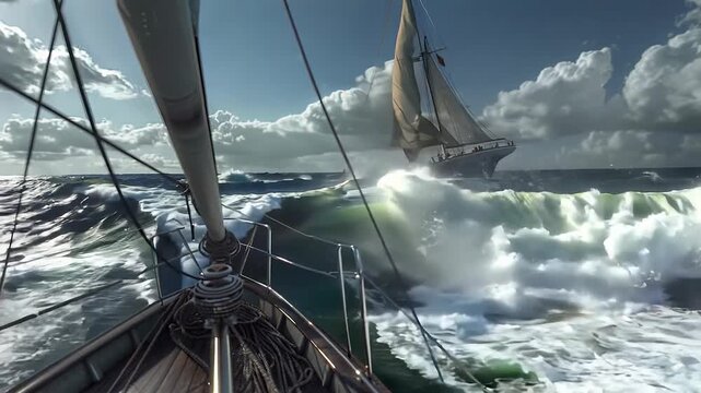 Sailing adventure in stormy seas with dramatic clouds