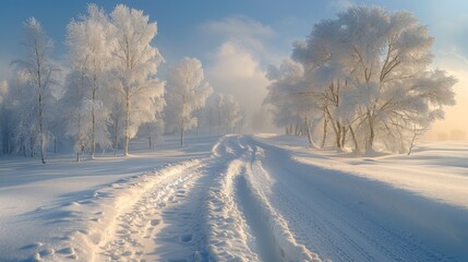 Beautiful White Rime Along Country Road with Ethereal Dreamlike Daytime Scene
